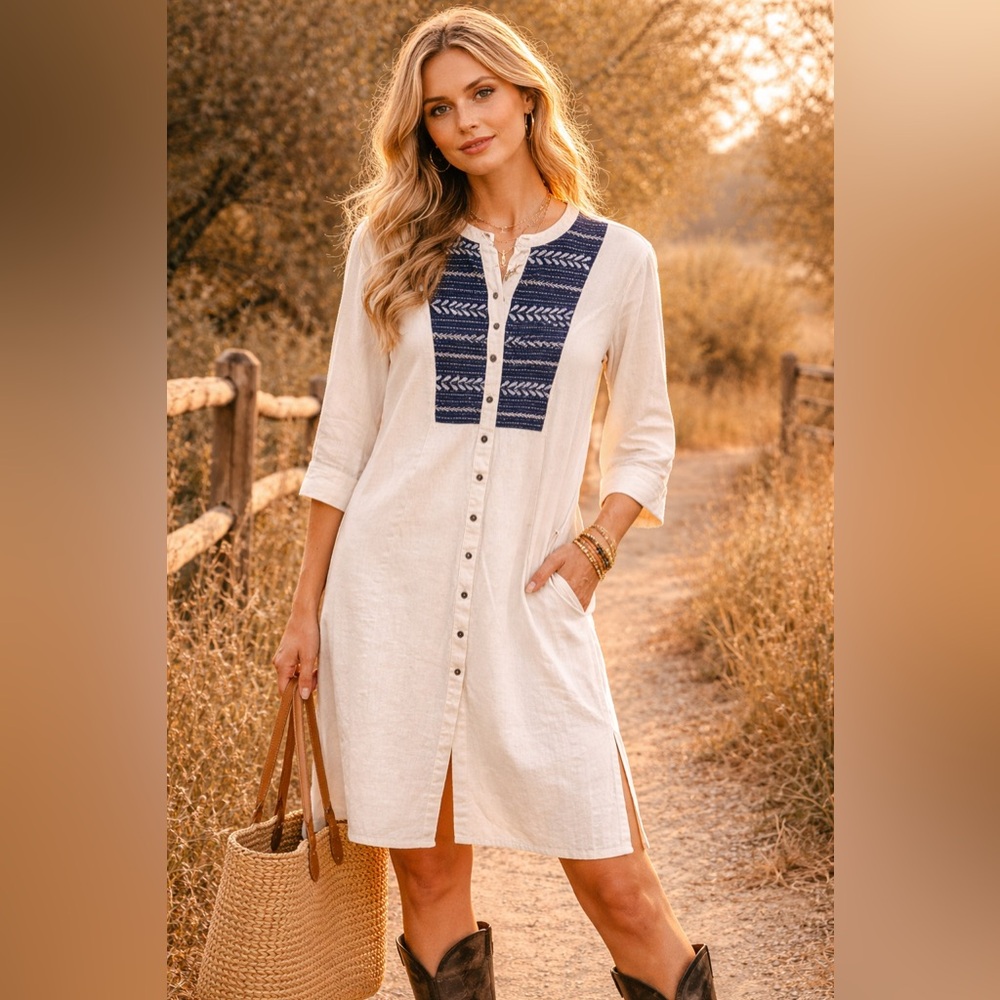 100% soft cotton Women's off white Midi Dress with Navy Embroidered Yoke XXL